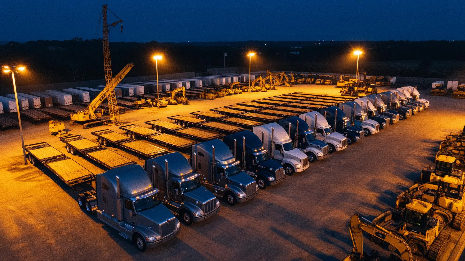 Mixed business equipment financed by Brobas: semi-truck, construction excavator, medical imaging, and commercial kitchen at golden hour